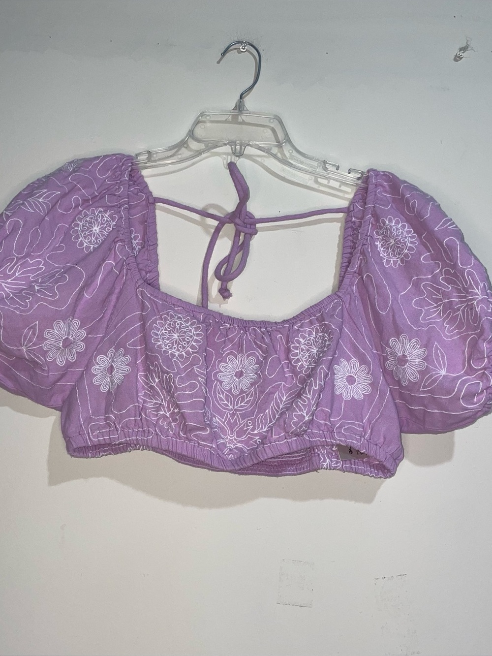 Free People Embroidered Purple White Floral Puff Sleeve M 100% Cotton Crop Top